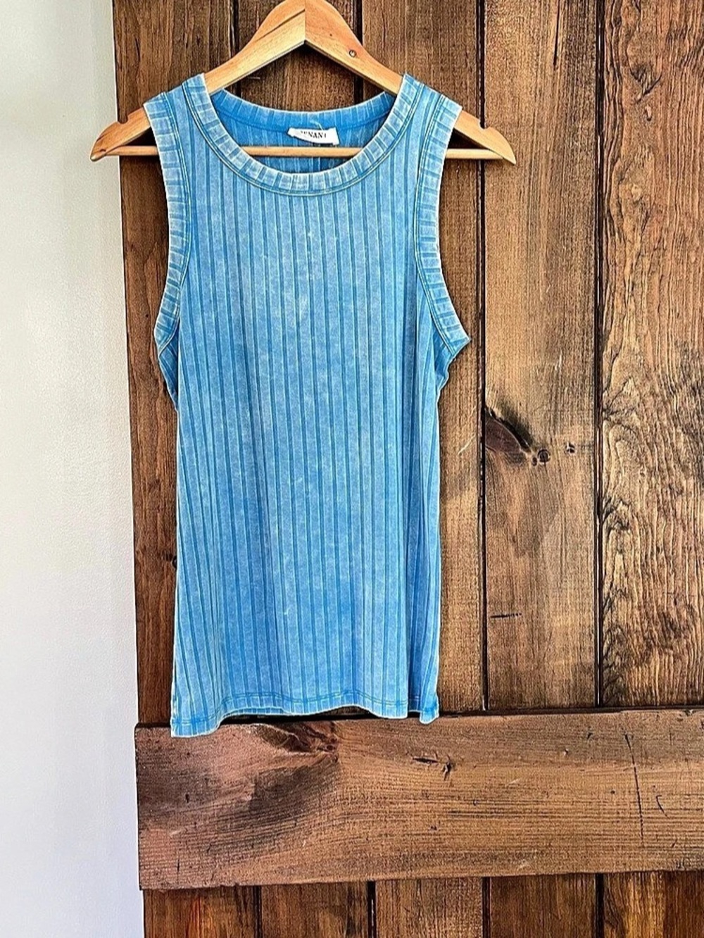 Zenana Blue Mineral Wash Distressed Look Rib Knit Tank Top XL